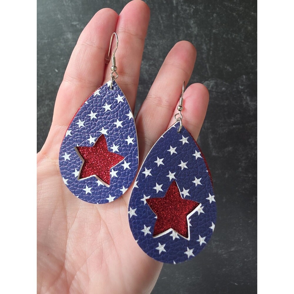 Patriotic Red White & Blue Star Dangling Pierced Earrings